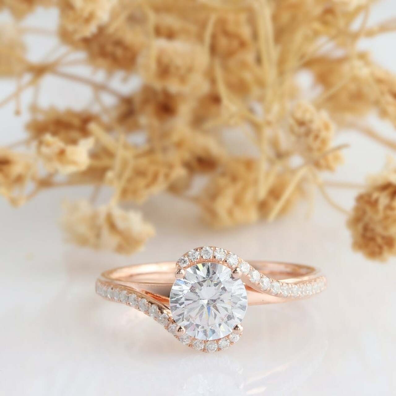 2.50 CT Unique Halo Twisted Round Cut Engagement Ring/ 14K Rose Gold Wedding Ring/ Proposal Bridal Ring For Her/ Promise Anniversary Ring