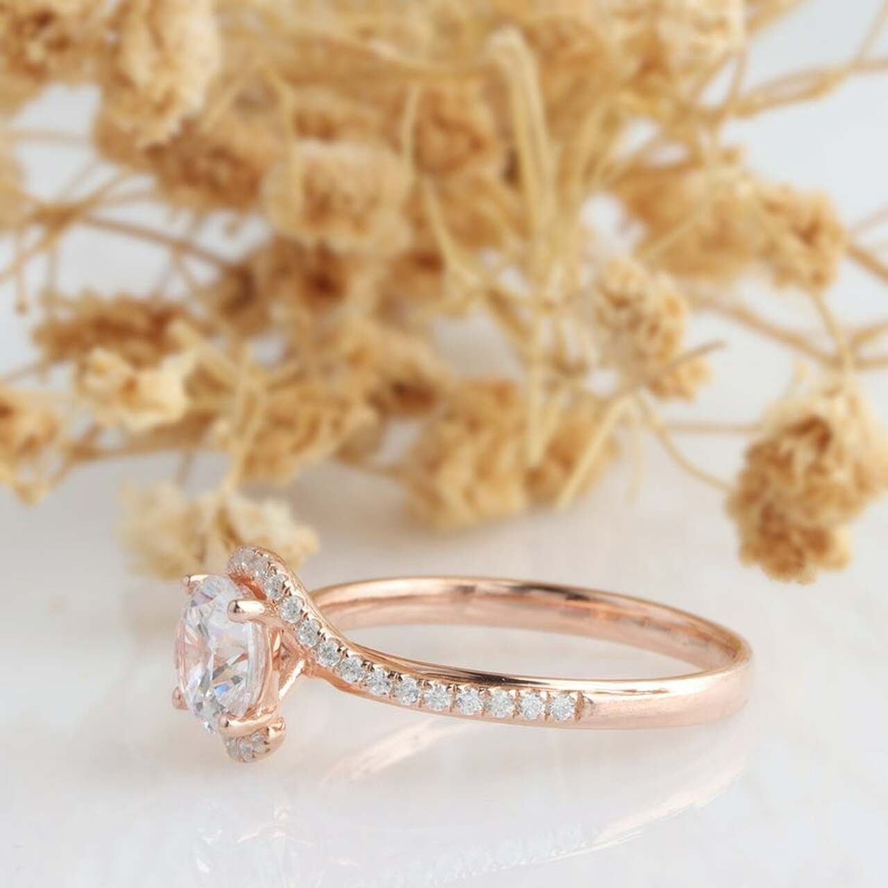 2.50 CT Unique Halo Twisted Round Cut Engagement Ring/ 14K Rose Gold Wedding Ring/ Proposal Bridal Ring For Her/ Promise Anniversary Ring