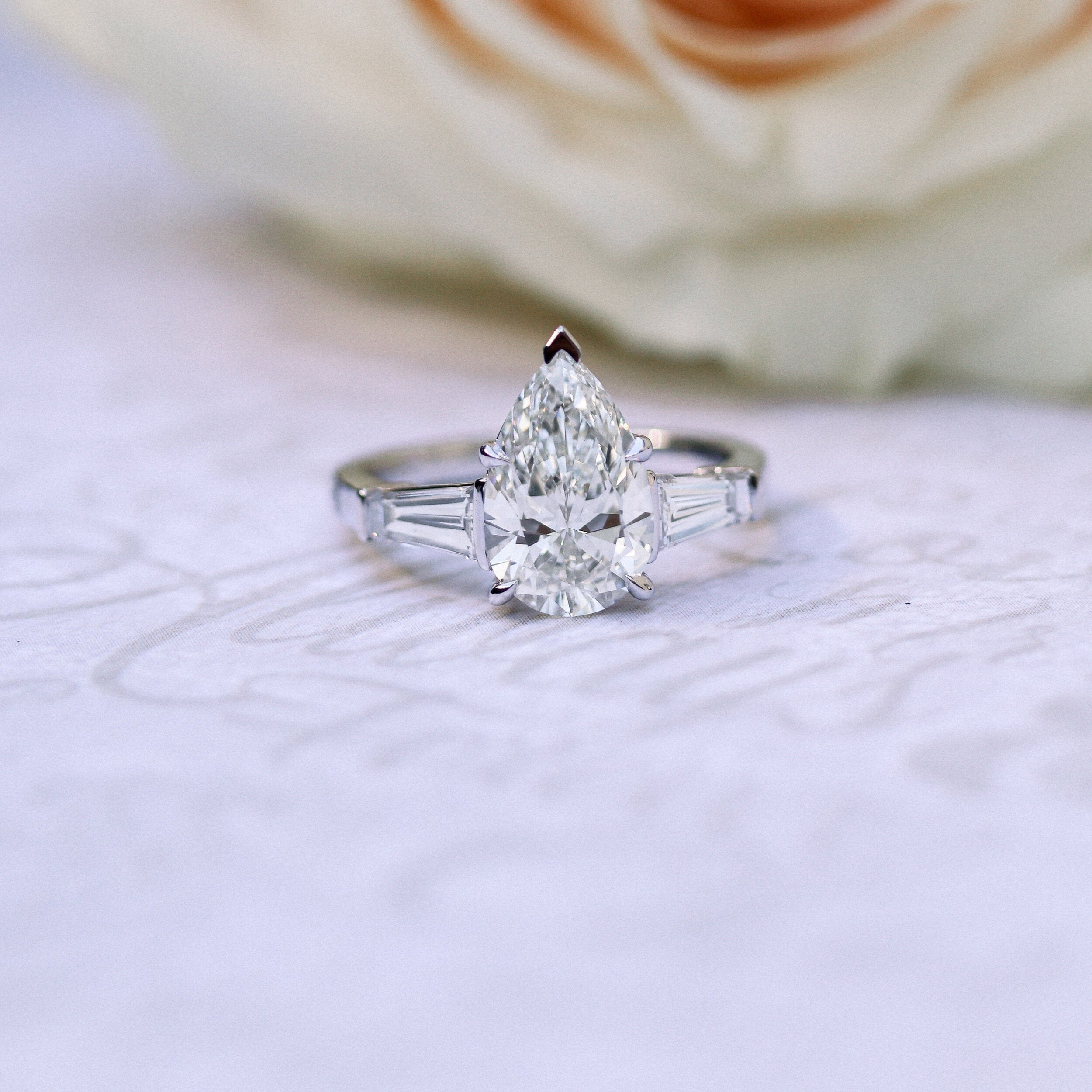 2.00 CT Three Stone Pear Cut Moissanite Engagement Ring/ 14K White Gold Signet Ring/ Bridesmaid Gift For Her/ Promise Anniversary Ring