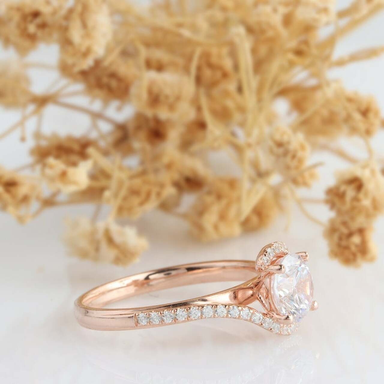 2.50 CT Unique Halo Twisted Round Cut Engagement Ring/ 14K Rose Gold Wedding Ring/ Proposal Bridal Ring For Her/ Promise Anniversary Ring