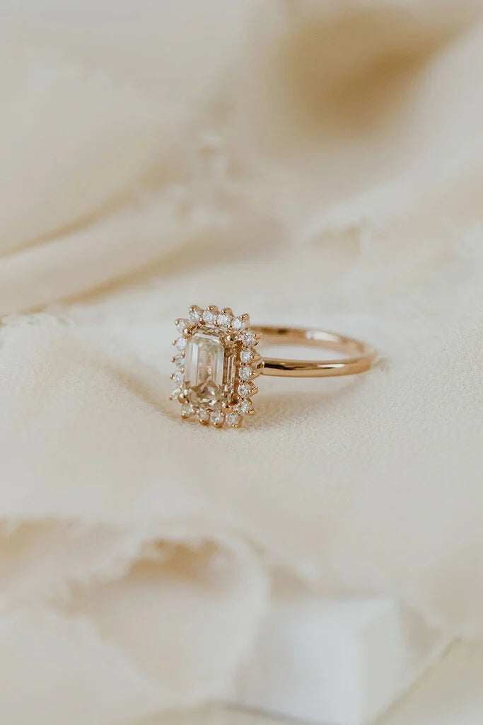 2.25 CT Champagne Emerald Cut Moissanite Engagement Ring/ 14K Solid Gold Halo Diamond Ring/ Promise Bridesmaid Gift For Her/ Proposal Ring