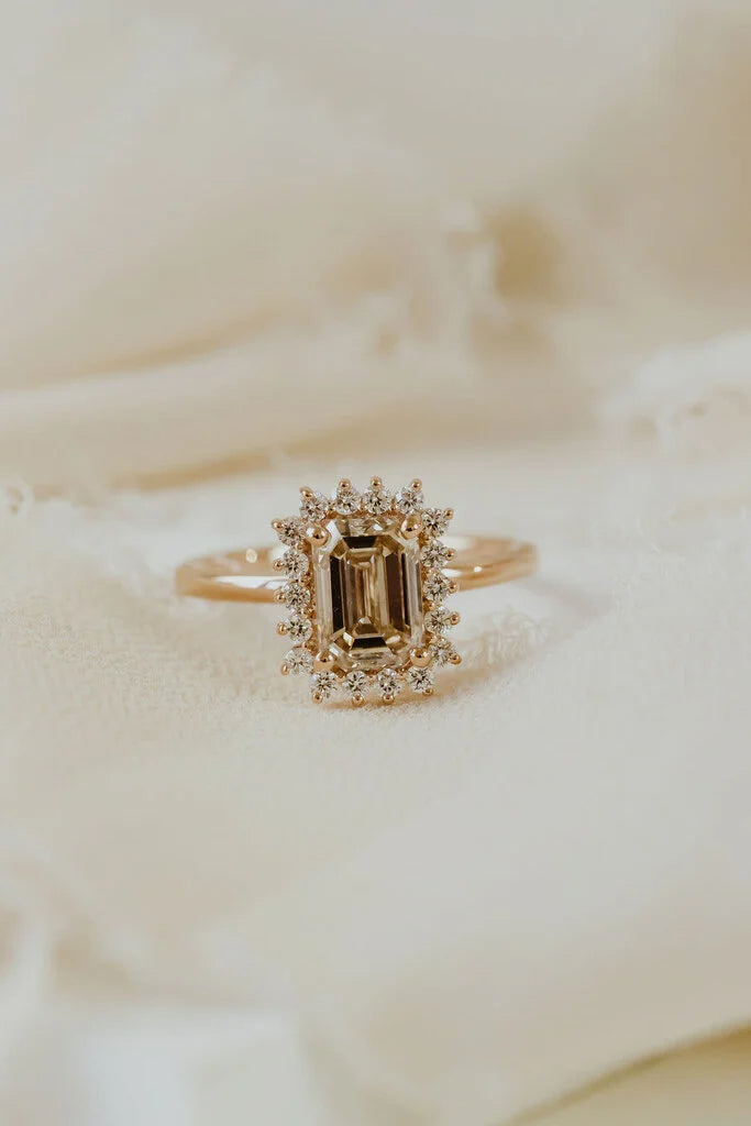 2.25 CT Champagne Emerald Cut Moissanite Engagement Ring/ 14K Solid Gold Halo Diamond Ring/ Promise Bridesmaid Gift For Her/ Proposal Ring