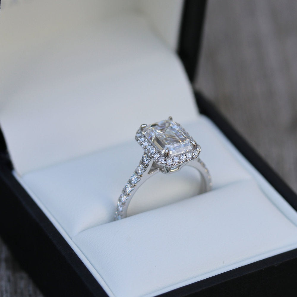 2.00 CT Halo Emerald Cut Moissanite Engagement Ring/ 14K White Gold Signet Ring/ Proposal Bridesmaid Gift For Her/ Promise Anniversary Ring