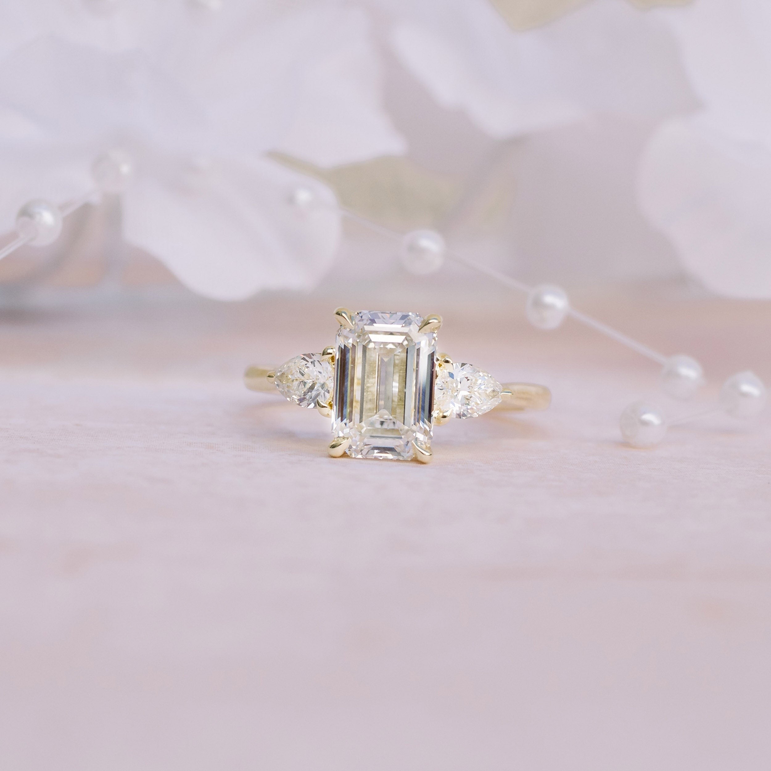 2.00 CT Three Stone Emerald Cut Engagement Ring/ 14K Rose Gold Signet Ring/ Proposal Wedding Ring For Her/ Promise Bridesmaid Gift For Her