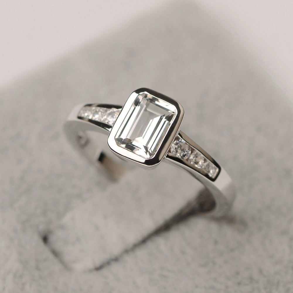 2.50 CT Bezel Emerald Cut Moissanite Engagement Ring/ 18K White Gold Proposal Ring/ Personalized Gift For Her/ Promise Anniversary Ring