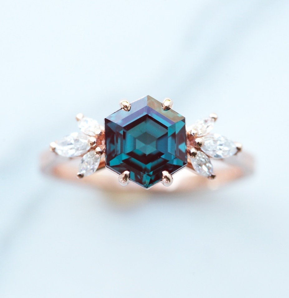 2.00 CT Vivid Blue Stunning Hexagon Cut Moissanite Engagement Ring/ 14K Rose Gold Cluster Ring/ Bridesmaid Gift For Her/Trendy Proposal Ring