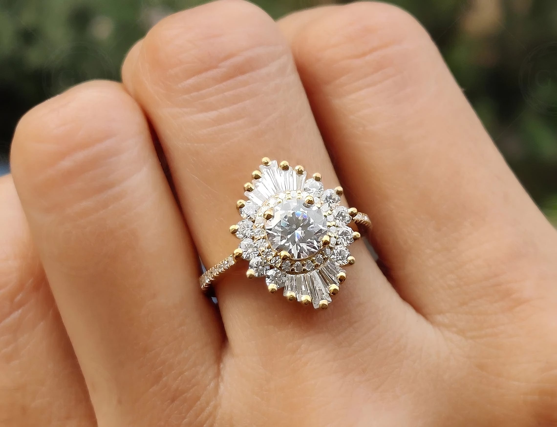 Starburst Round Cut Moissanite Engagement Ring/ 14K Solid Gold Signet Ring/ Halo Snowflake Baguette Ring/ Cluster Propose Ring Gift for Her