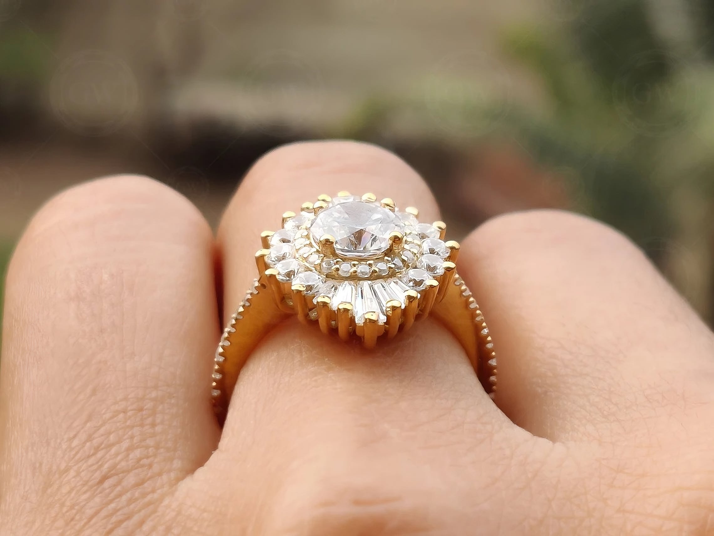 Starburst Round Cut Moissanite Engagement Ring/ 14K Solid Gold Signet Ring/ Halo Snowflake Baguette Ring/ Cluster Propose Ring Gift for Her