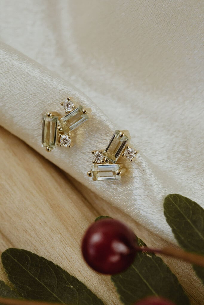 Sparkly Green Baguette Moissanite Diamond Stud Earring/ Bridesmaid Gift For Wify