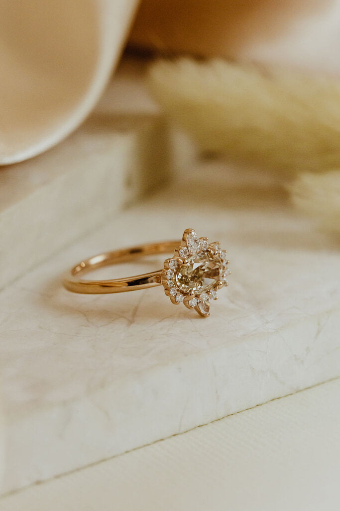 2.00 CT East-West Champagne Oval Cut Moissanite Engagement Ring/ 14K Solid Gold Halo Ring/ Promise Cluster Anniversary Ring/ Proposal Ring